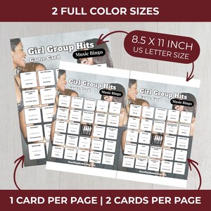 May include: Two "Girl Group Hits Music Bingo" game cards, 8.5 x 11 inches, with a black and white image of a woman. The cards have a grid of song titles and the text "2 FULL COLOR SIZES" and "1 CARD PER PAGE | 2 CARDS PER PAGE".