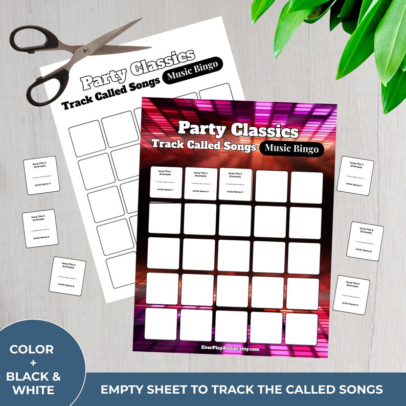 May include: A music bingo game sheet with the text "Party Classics Track Called Songs Music Bingo". The sheet is white with a colorful background and includes blank spaces for song titles and artist names. Scissors are placed on top.