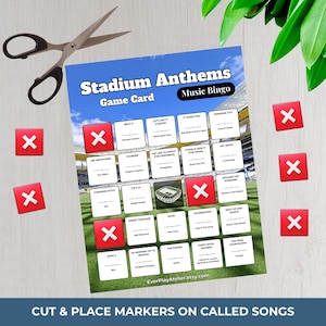May include: A Stadium Anthems Music Bingo game card featuring a grid of song titles and artists, with a stadium background. The card includes red square markers with white X symbols, a pair of metal scissors, and the text EverPlayAtelier.etsy.com.