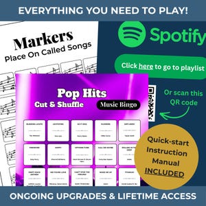 May include: A music-themed game set with a purple and white Pop Hits Music Bingo card, a Spotify logo, and a quick-start instruction manual. The set includes markers and a QR code for a playlist.