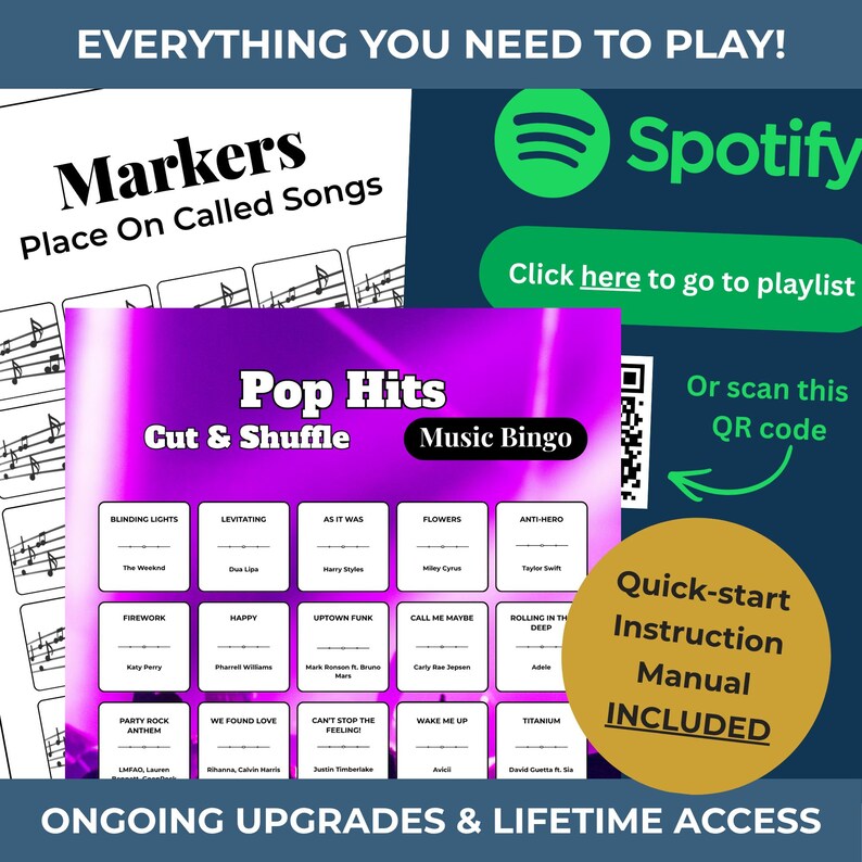May include: A music-themed game set with a purple and white Pop Hits Music Bingo card, a Spotify logo, and a quick-start instruction manual. The set includes markers and a QR code for a playlist.