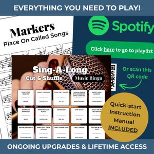 K&ouml;nnte beinhalten: Ein Musik-Bingo-Spiel mit dem Text "Sing-A-Long Music Bingo". Enth&auml;lt Songmarker, eine Kurzanleitung und einen QR-Code f&uuml;r den Zugriff auf eine Spotify-Playlist. Das Spiel enth&auml;lt Songtitel wie "Sweet Caroline" und "Bohemian Rhapsody".