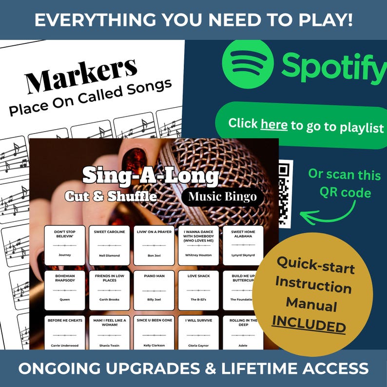 K&ouml;nnte beinhalten: Ein Musik-Bingo-Spiel mit dem Text "Sing-A-Long Music Bingo". Enth&auml;lt Songmarker, eine Kurzanleitung und einen QR-Code f&uuml;r den Zugriff auf eine Spotify-Playlist. Das Spiel enth&auml;lt Songtitel wie "Sweet Caroline" und "Bohemian Rhapsody".