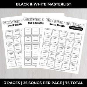 May include: Three white paper sheets with black text. The sheets are labelled "Christian Cut & Shuffle" and "Christian and Gospel Music Bingo." The text includes song titles. The top text reads "BLACK & WHITE MASTERLIST."