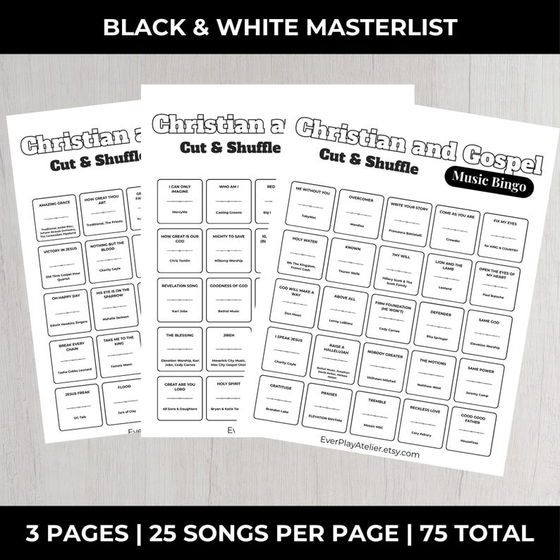 May include: Three white paper sheets with black text. The sheets are labelled "Christian Cut & Shuffle" and "Christian and Gospel Music Bingo." The text includes song titles. The top text reads "BLACK & WHITE MASTERLIST."