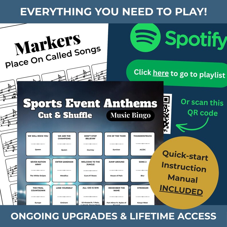 Sport Anthems MUSIC BINGO Party Game | 100 Printable Cards + 75 Songs & Spotify Playlist (Download) afbeelding 2