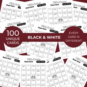 Puede incluir: Tarjetas de juego de bingo musical para ni&ntilde;os en blanco y negro. Las tarjetas presentan un formato de cuadr&iacute;cula con t&iacute;tulos de canciones y notas musicales. El texto de las tarjetas dice "100 tarjetas &uacute;nicas", "Blanco y negro" y "Cada tarjeta es diferente".