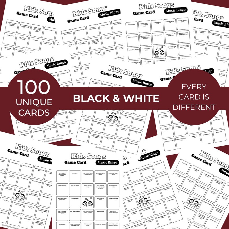 Puede incluir: Tarjetas de juego de bingo musical para ni&ntilde;os en blanco y negro. Las tarjetas presentan un formato de cuadr&iacute;cula con t&iacute;tulos de canciones y notas musicales. El texto de las tarjetas dice "100 tarjetas &uacute;nicas", "Blanco y negro" y "Cada tarjeta es diferente".