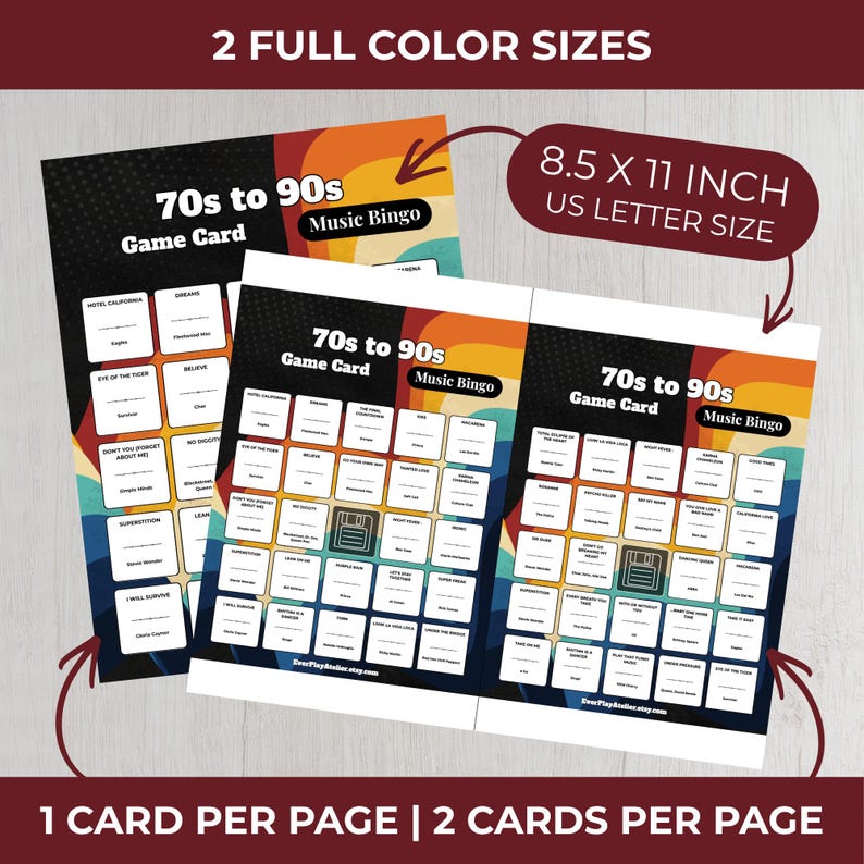 May include: Two music bingo game cards with a retro design. The cards are labeled "70s to 90s Music Bingo" and are 21.59 x 27.94 cm. The cards have a colorful design with a variety of song titles. The text "2 FULL COLOR SIZES" is at the top.