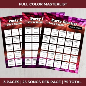 May include: Three music bingo game sheets with a pink and purple background. Each sheet has a different set of song titles in white boxes. The text "Party Classics Music Bingo" is at the top of one sheet. The text "Cut & Shuffle" is on each sheet.