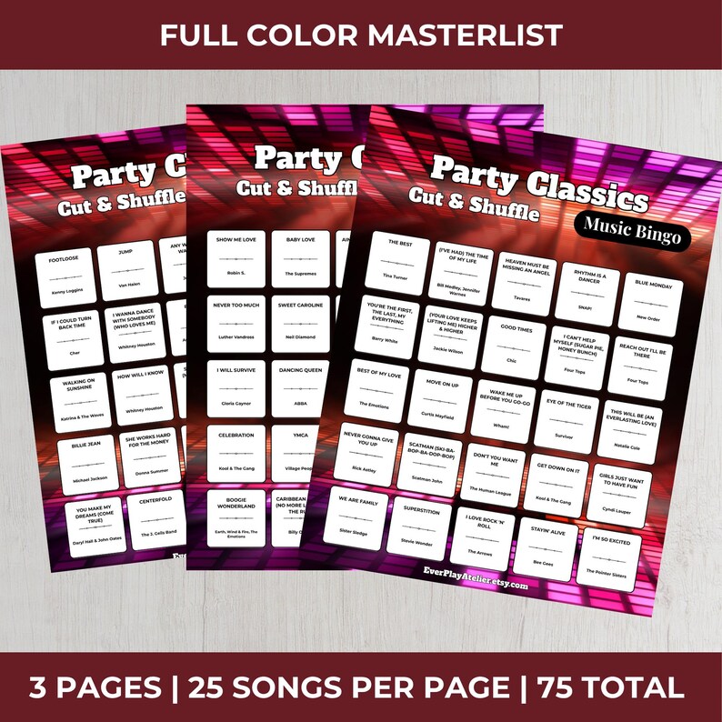 May include: Three music bingo game sheets with a pink and purple background. Each sheet has a different set of song titles in white boxes. The text "Party Classics Music Bingo" is at the top of one sheet. The text "Cut & Shuffle" is on each sheet.