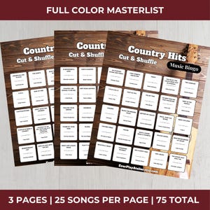May include: Three sheets of country music bingo cards with a wooden background. Each card features song titles and artist names. The text "Country Hits Music Bingo" is visible, along with the Etsy shop name. The cards are labeled "Cut & Shuffle".