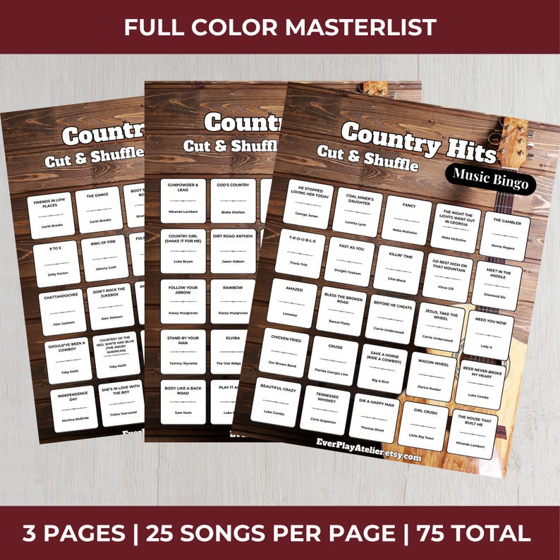 May include: Three sheets of country music bingo cards with a wooden background. Each card features song titles and artist names. The text "Country Hits Music Bingo" is visible, along with the Etsy shop name. The cards are labeled "Cut & Shuffle".