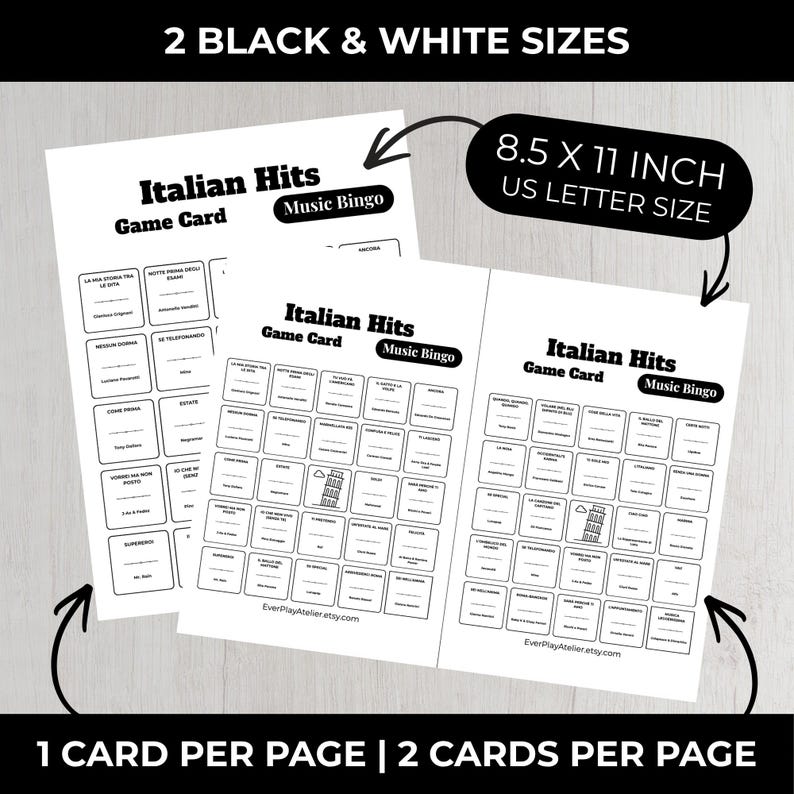Puede incluir: Dos tarjetas de juego de bingo musical "Italian Hits" en blanco y negro. Las tarjetas miden 21,6 x 27,9 cm, tama&ntilde;o US Letter. El texto en las tarjetas incluye "Italian Hits Game Card Music Bingo" y "1 tarjeta por p&aacute;gina | 2 tarjetas por p&aacute;gina."