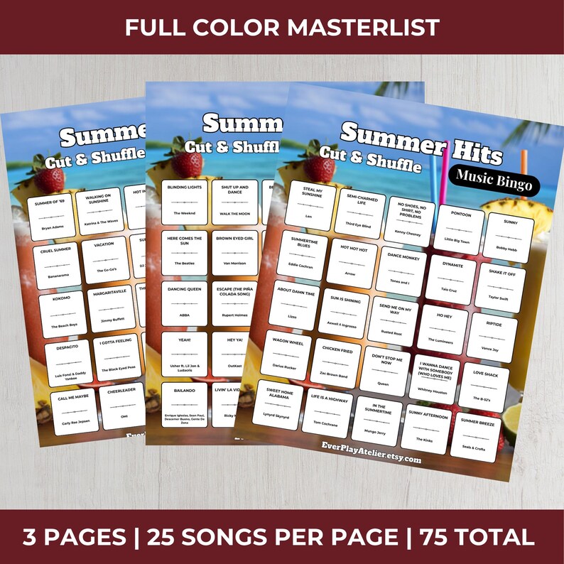 SUMMER Music Bingo Party Game • 100 Printable Cards • 75 Songs • Spotify Playlist (Printable Download) imagen 13