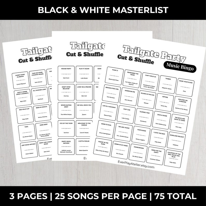 May include: Three black and white Tailgate Party Music Bingo game sheets. Each sheet has 25 song titles. The text "BLACK & WHITE MASTERLIST" and "3 PAGES | 25 SONGS PER PAGE | 75 TOTAL" are at the top and bottom.
