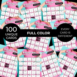 May include: A collection of pink Vintage Hits Music Bingo game cards. Each card features a grid of song titles and the text "Vintage Hits Game Card Music Bingo." The image also includes the text "100 Unique Cards" and "Every Card is Different."