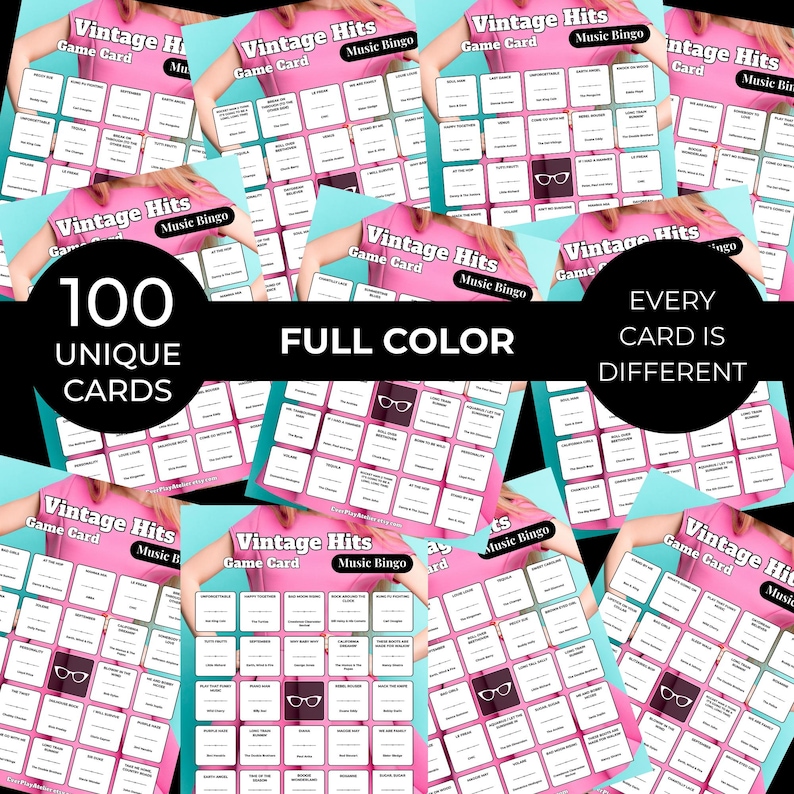 May include: A collection of pink Vintage Hits Music Bingo game cards. Each card features a grid of song titles and the text "Vintage Hits Game Card Music Bingo." The image also includes the text "100 Unique Cards" and "Every Card is Different."