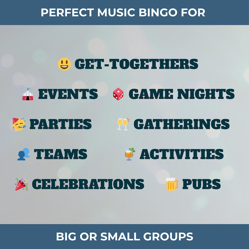 Puede incluir: Gr&aacute;fico promocional para "Perfect Music Bingo" con texto e iconos. El texto destaca varias ocasiones sociales: "Reuniones," "Eventos," "Noches de juegos," "Fiestas," "Reuniones," "Equipos," "Actividades," "Celebraciones" y "Pubs." El texto inferior dice "Grupos grandes o peque&ntilde;os."