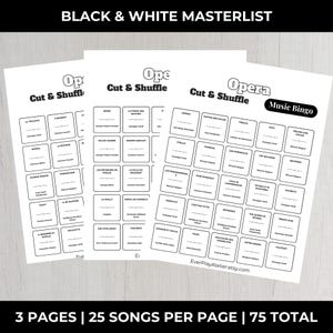 Op de afbeelding: Drie zwart-wit bedrukte vellen met "Opera Cut & Shuffle Music Bingo" spelkaarten. Elke pagina heeft 25 songtitels, met de tekst "3 PAGES | 25 SONGS PER PAGE | 75 TOTAL" onderaan. De Etsy shop naam "EverPlayAtelier.etsy.com" is ook zichtbaar.