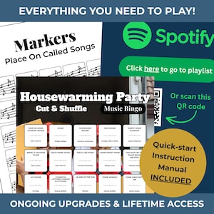 Pode incluir: Um conjunto de jogos de festa com tema musical com cart&otilde;es de m&uacute;sicas, um manual de instru&ccedil;&otilde;es de in&iacute;cio r&aacute;pido e um c&oacute;digo QR para uma lista de reprodu&ccedil;&atilde;o do Spotify. O jogo &eacute; intitulado "Housewarming Party Music Bingo."