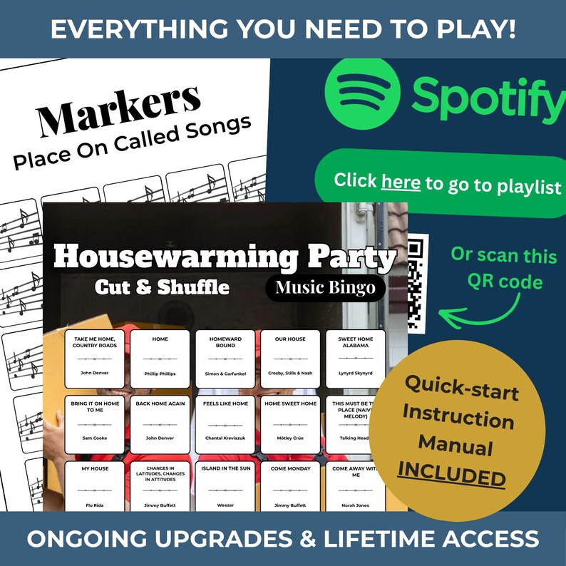 Pode incluir: Um conjunto de jogos de festa com tema musical com cart&otilde;es de m&uacute;sicas, um manual de instru&ccedil;&otilde;es de in&iacute;cio r&aacute;pido e um c&oacute;digo QR para uma lista de reprodu&ccedil;&atilde;o do Spotify. O jogo &eacute; intitulado "Housewarming Party Music Bingo."