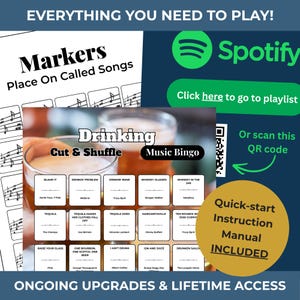 May include: A Drinking Music Bingo game with a quick-start instruction manual. The game includes a Spotify playlist and a QR code for easy access. The game features song titles and artists, perfect for a fun night.