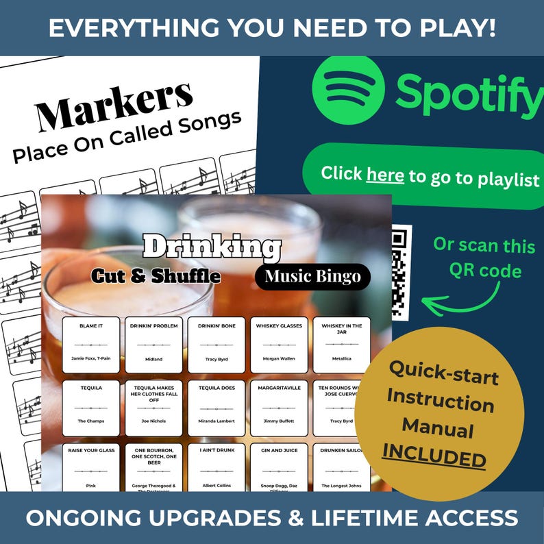 May include: A Drinking Music Bingo game with a quick-start instruction manual. The game includes a Spotify playlist and a QR code for easy access. The game features song titles and artists, perfect for a fun night.