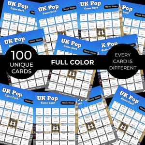以下が含まれることがあります： 青色のUK Popゲームカードのコレクションで、「Music Bingo」と書かれています。カードには「100 Unique Cards」と「Every Card is Different」と書かれています。「Full Color」の文字も表示されています。