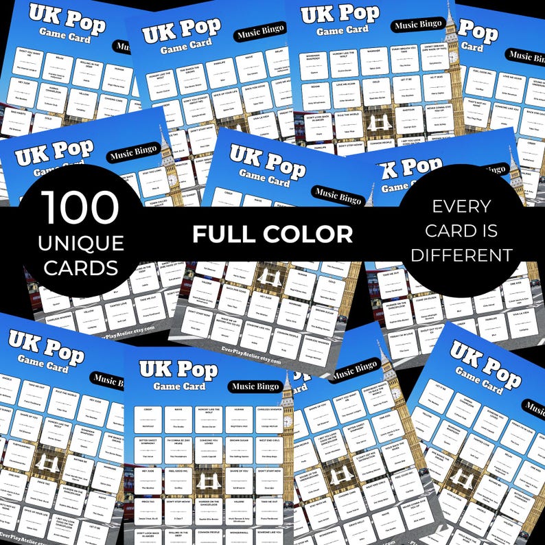 以下が含まれることがあります： 青色のUK Popゲームカードのコレクションで、「Music Bingo」と書かれています。カードには「100 Unique Cards」と「Every Card is Different」と書かれています。「Full Color」の文字も表示されています。