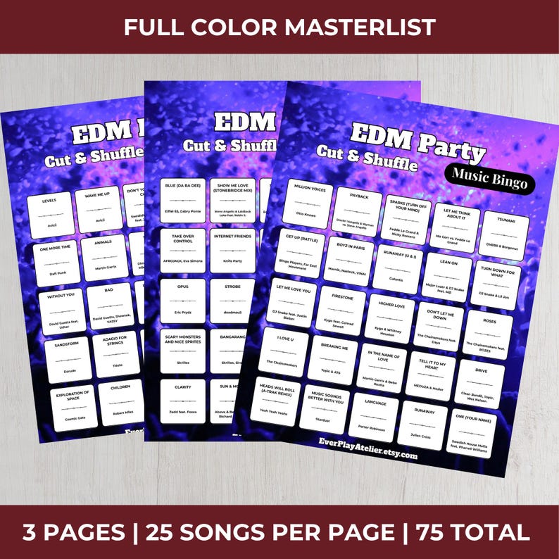 Electronic Dance MUSIC BINGO Party Game | 100 Printable Cards + 75 EDM Songs & Spotify Playlist afbeelding 13