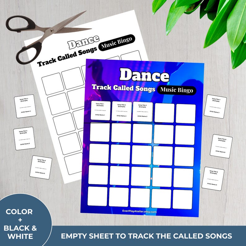 Puede incluir: Hojas de juego de bingo musical con el texto "Dance Track Called Songs Music Bingo". La hoja principal es azul y morada, con cuadrados en blanco para t&iacute;tulos de canciones y nombres de artistas. Incluye tarjetas peque&ntilde;as y tijeras.