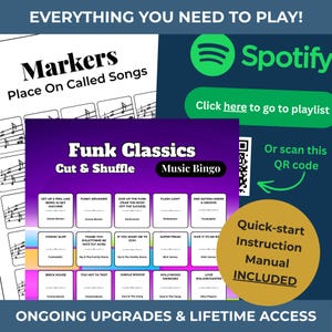 May include: A music-themed game set with a purple and white "Funk Classics Music Bingo" card, a "Markers" sheet, and a Spotify playlist link. Includes a quick-start instruction manual. The game features song titles and artist names.