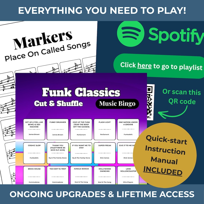 May include: A music-themed game set with a purple and white "Funk Classics Music Bingo" card, a "Markers" sheet, and a Spotify playlist link. Includes a quick-start instruction manual. The game features song titles and artist names.