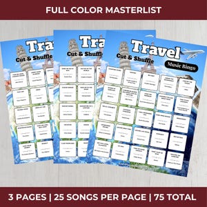 May include: Three blue travel-themed music bingo game sheets featuring the text Travel, Cut & Shuffle, and Music Bingo. The background displays a world map with the Leaning Tower of Pisa and the Eiffel Tower. Each sheet contains 25 song titles.