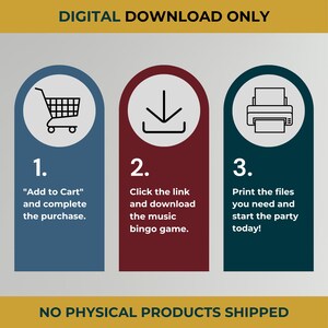 May include: Digital download instructions with three steps: Add to cart, download the music bingo game, and print the files. The image has a blue, burgundy, and teal color scheme with white text and icons.
