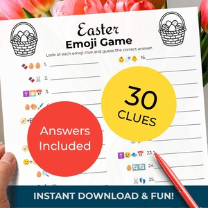 Könnte beinhalten: Ein weißes Oster-Emoji-Spielblatt mit einem roten Stift. Das Blatt hat eine Korbgrafik und den Text "Easter Emoji Game". Es enthält 30 Hinweise und die Wörter "Answers Included" und "Instant Download & Fun!"