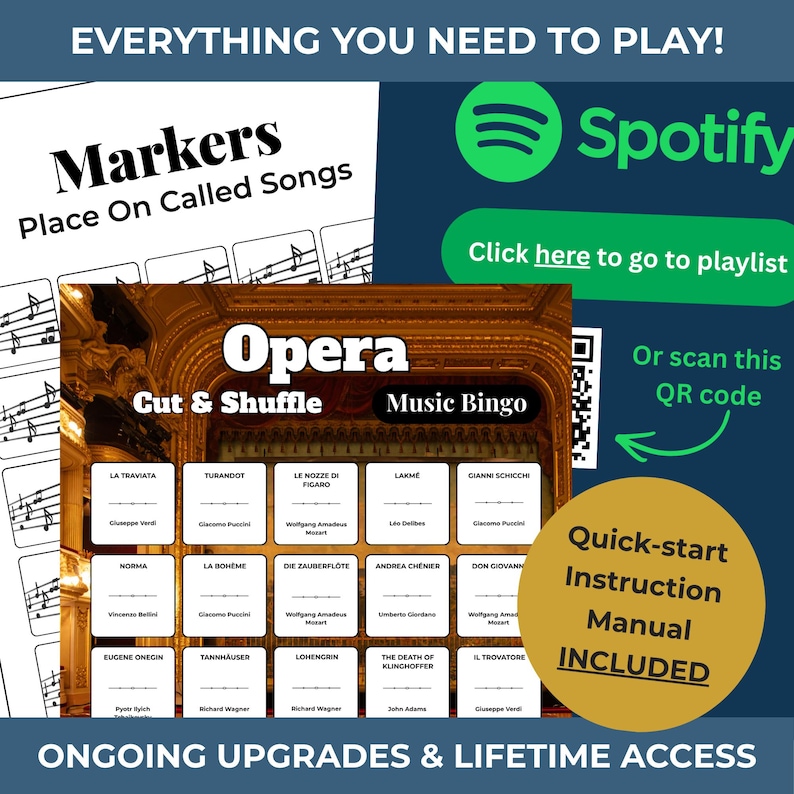 Op de afbeelding: Een Opera Music Bingo-spel met een goudkleurige lijst. Het spel bevat een snelstartinstructiehandleiding. De afbeelding bevat ook het Spotify-logo en een QR-code om toegang te krijgen tot een afspeellijst. De tekst luidt "Everything You Need to Play!"