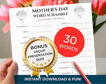 MOTHER'S DAY Word Scramble Game • 30 words • Group Trivia Quiz (included!) • Printable Puzzle (Download)