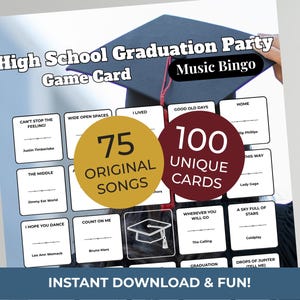 HIGH SCHOOL GRADUATION Party Music Bingo Game • 100 Printable Cards • 75 Songs • Spotify Playlist image 1