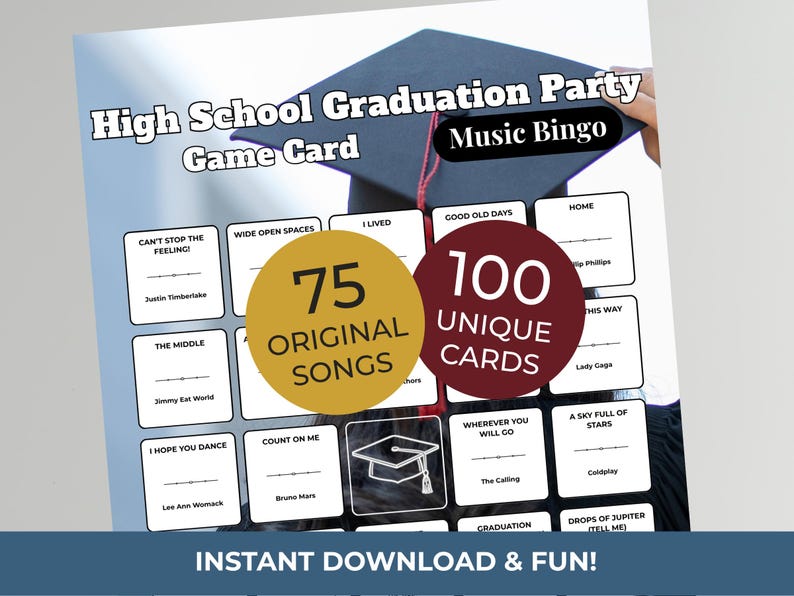 HIGH SCHOOL GRADUATION Party Music Bingo Game • 100 Printable Cards • 75 Songs • Spotify Playlist image 1