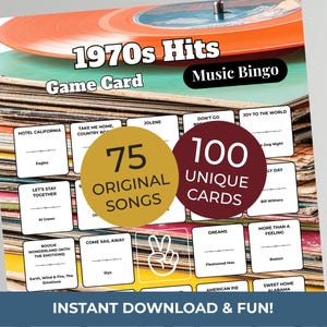 May include: A 1970s Hits Music Bingo game card with a stack of vinyl records in the background. The game card features song titles, the text "75 Original Songs," and "100 Unique Cards." The words "Instant Download & Fun!" are also visible.