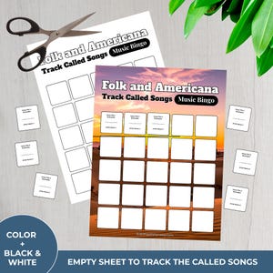 Może przedstawiać: Dwa arkusze Folk and Americana Music Bingo z tekstem "Track Called Songs Music Bingo". Jeden arkusz jest pusty, drugi ma tło zachodu słońca. Zawiera małe puste karty i parę nożyczek.