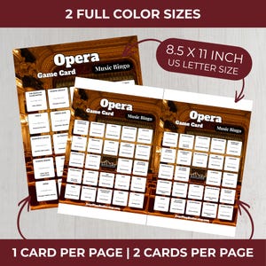 Op de afbeelding: Twee Opera Music Bingo-spelkaarten. De kaarten zijn 21,59 x 27,94 cm groot. De kaarten hebben de tekst "Opera Game Card Music Bingo". De kaarten hebben een bruine achtergrond met een theaterontwerp. De tekst "2 FULL COLOR SIZES" staat bovenaan.