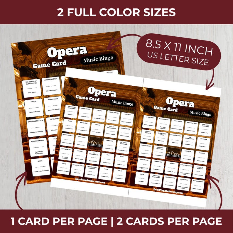 Op de afbeelding: Twee Opera Music Bingo-spelkaarten. De kaarten zijn 21,59 x 27,94 cm groot. De kaarten hebben de tekst "Opera Game Card Music Bingo". De kaarten hebben een bruine achtergrond met een theaterontwerp. De tekst "2 FULL COLOR SIZES" staat bovenaan.