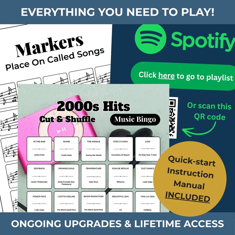 May include: A music bingo game with the text "2000s Hits" and a pink MP3 player graphic. Includes a quick-start instruction manual. The game features song titles and a Spotify playlist QR code.