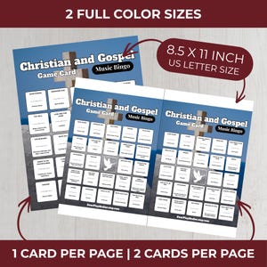 May include: Two Christian and Gospel Music Bingo game cards. Each card is 21.6 x 27.9 cm. The cards have a blue background with a cross and dove graphic. The text on the cards includes "Christian and Gospel Game Card Music Bingo".