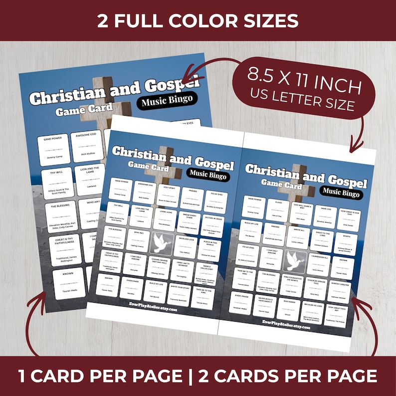May include: Two Christian and Gospel Music Bingo game cards. Each card is 21.6 x 27.9 cm. The cards have a blue background with a cross and dove graphic. The text on the cards includes "Christian and Gospel Game Card Music Bingo".