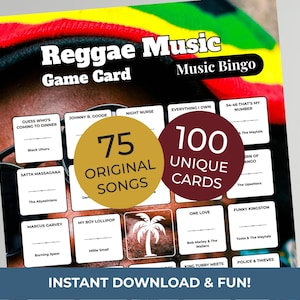 Puede incluir: Tarjeta de juego de m&uacute;sica Reggae con el texto "Music Bingo". La tarjeta de juego presenta 75 canciones originales y 100 cartas &uacute;nicas. La tarjeta incluye t&iacute;tulos de canciones y nombres de artistas. Las palabras "&iexcl;Descarga instant&aacute;nea y diversi&oacute;n!" est&aacute;n en la parte inferior.