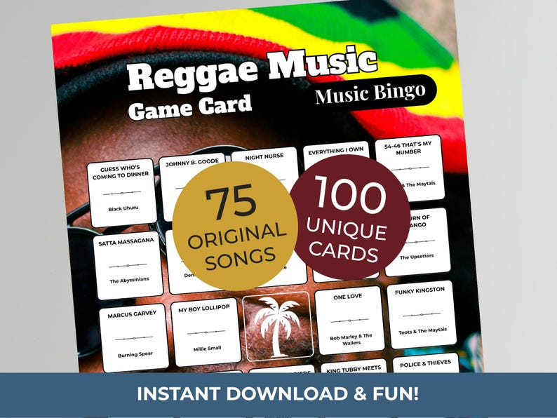 Puede incluir: Tarjeta de juego de m&uacute;sica Reggae con el texto "Music Bingo". La tarjeta de juego presenta 75 canciones originales y 100 cartas &uacute;nicas. La tarjeta incluye t&iacute;tulos de canciones y nombres de artistas. Las palabras "&iexcl;Descarga instant&aacute;nea y diversi&oacute;n!" est&aacute;n en la parte inferior.